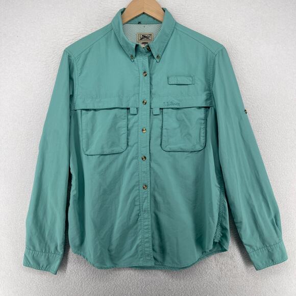 LL BEAN Shirt Womens M Vented Camp Fishing Roll Tab Sleeve Hunting Mesh Green - Picture 2 of 13